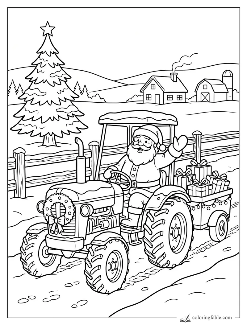 Cartoon Santa waves from a tractor pulling presents past a snowy fence, pine tree, farmhouse, and barn.