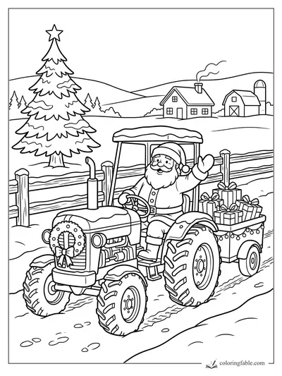 Cartoon Santa waves from a tractor pulling presents past a snowy fence, pine tree, farmhouse, and barn.