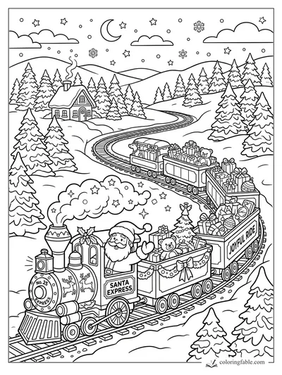 Santa waving from a toy-filled Christmas train winding through snowy pine hills under stars
