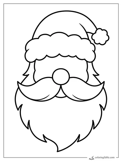 Minimalist Santa face coloring page with fluffy hat, round nose, curled mustache, and full beard.