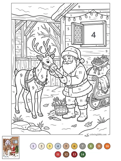 Santa Feeding a Reindeer Beside the Sleigh — color by number