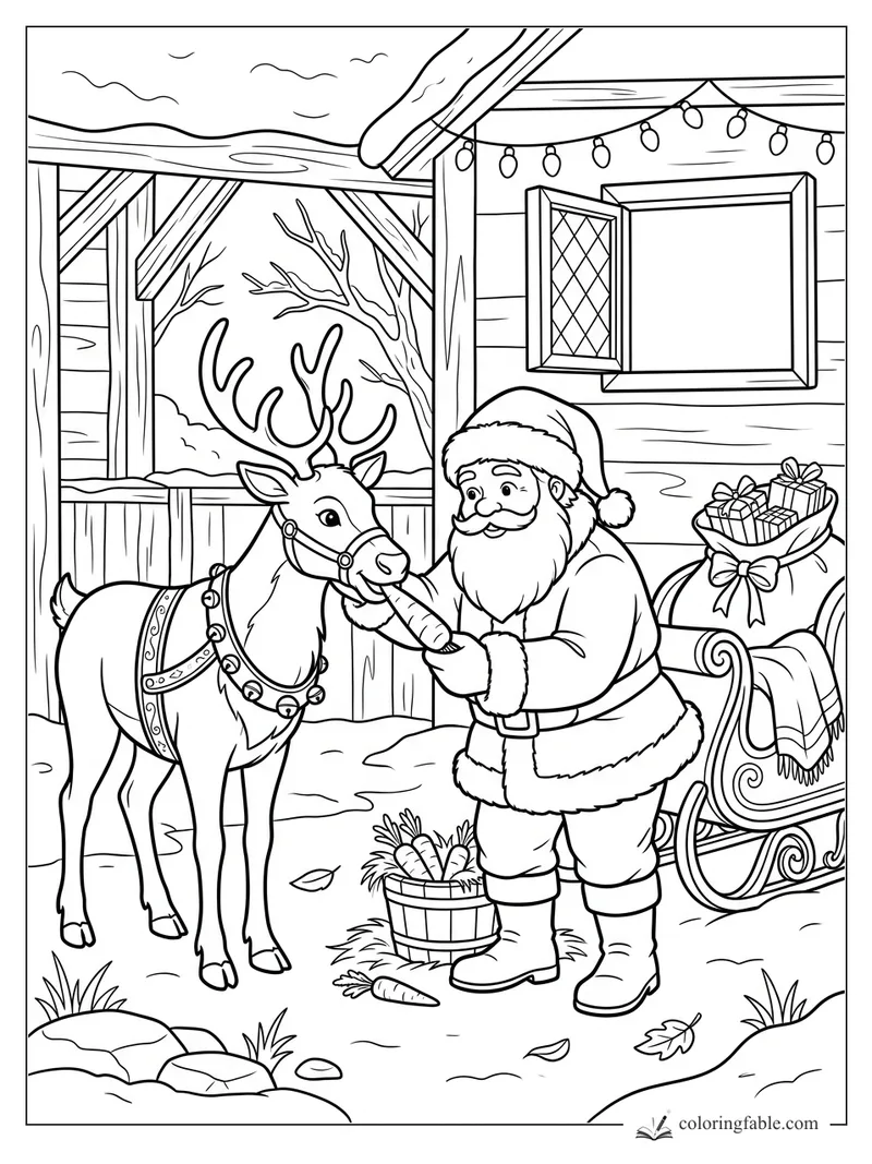 Santa offers a carrot to a harnessed reindeer beside a gift-filled sleigh and stable lights.