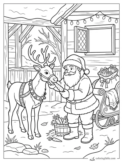 Santa offers a carrot to a harnessed reindeer beside a gift-filled sleigh and stable lights.