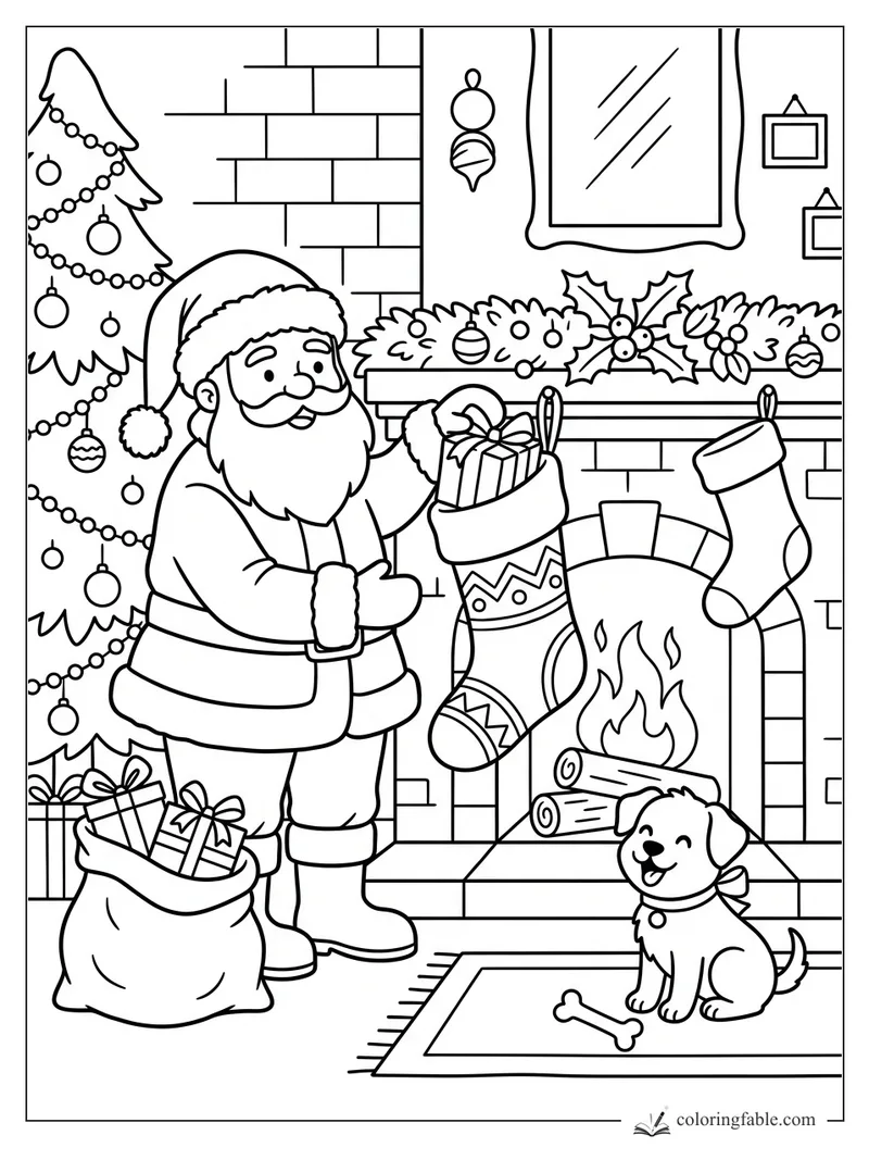 Santa tucks a gift into a stocking by the fireplace while a puppy sits on a rug with a bone.