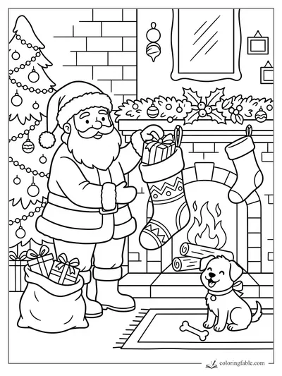 Santa tucks a gift into a stocking by the fireplace while a puppy sits on a rug with a bone.