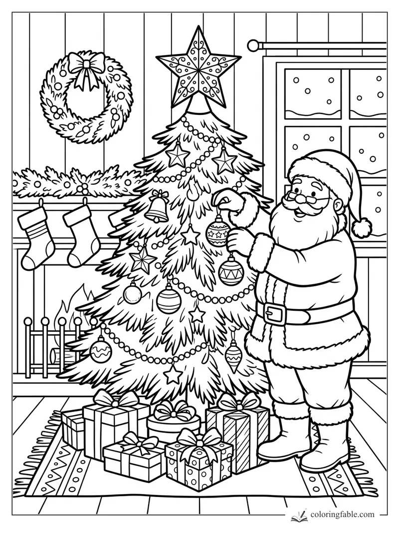 Santa hanging baubles on a Christmas tree beside a fireplace, stockings, wreath, gifts, and snowy window