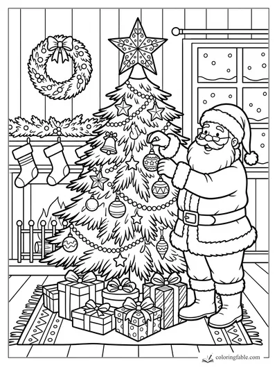Santa hanging baubles on a Christmas tree beside a fireplace, stockings, wreath, gifts, and snowy window