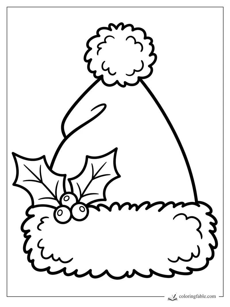 Minimalist Santa hat coloring page with fluffy trim, pom-pom, and holly leaves with three berries.