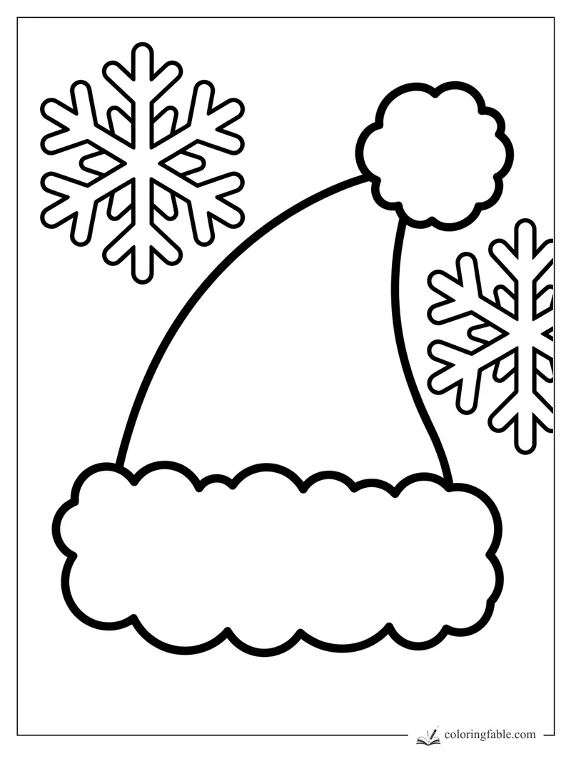 Bold Santa hat with fluffy trim and pom-pom, plus two large snowflakes for toddler coloring.