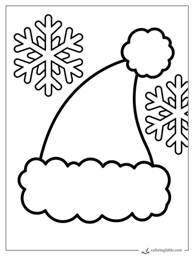 Bold Santa hat with fluffy trim and pom-pom, plus two large snowflakes for toddler coloring.