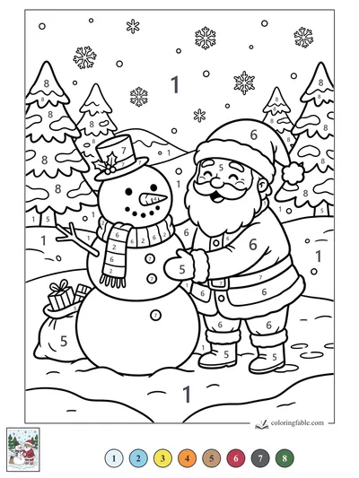 Santa Hugging a Snowman in the Snowy Pines — color by number