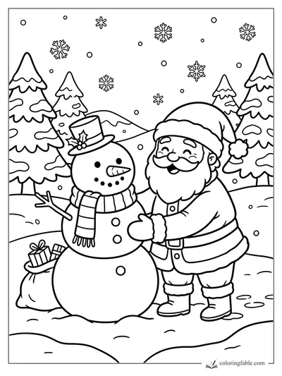 Cartoon Santa hugging a snowman with scarf, top hat, gift sack, snowy pine trees, and falling snowflakes