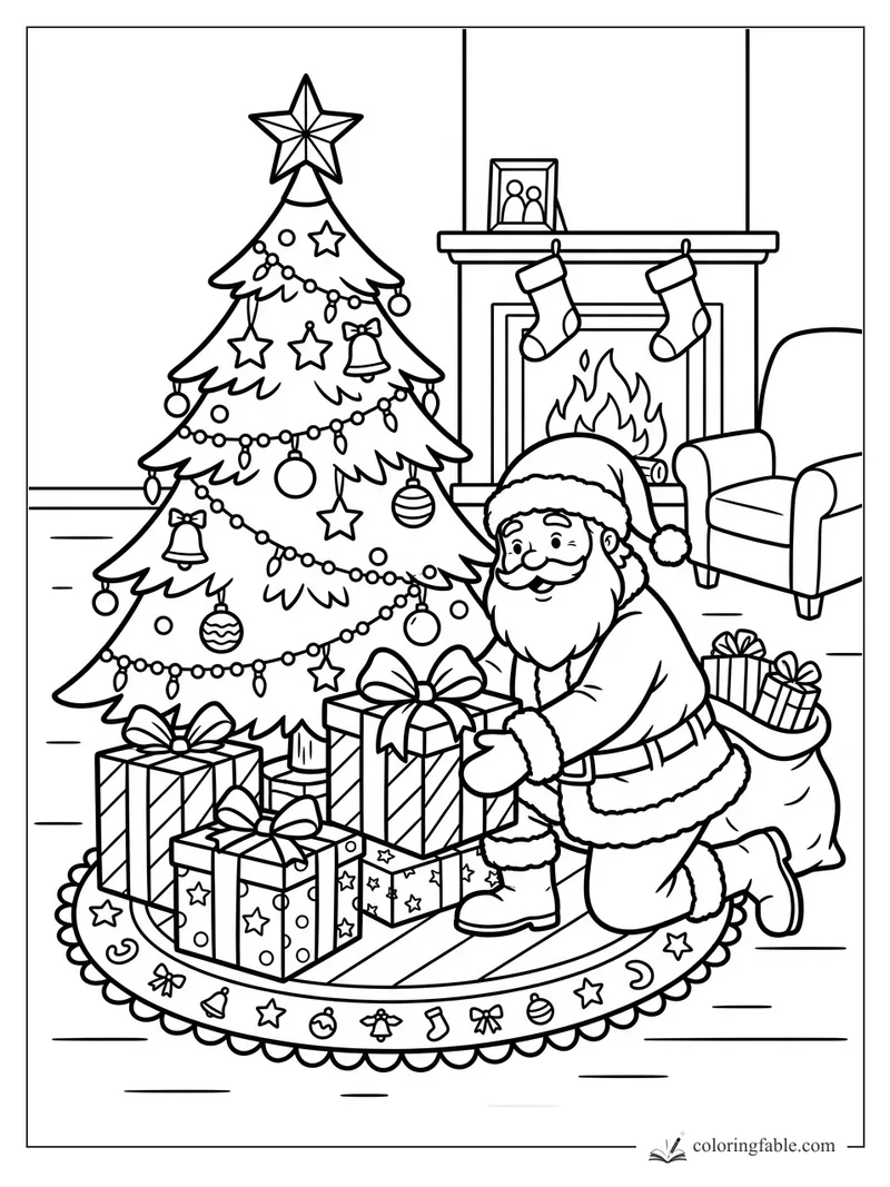 Santa kneels with presents beside a decorated Christmas tree, fireplace, stockings, and armchair.