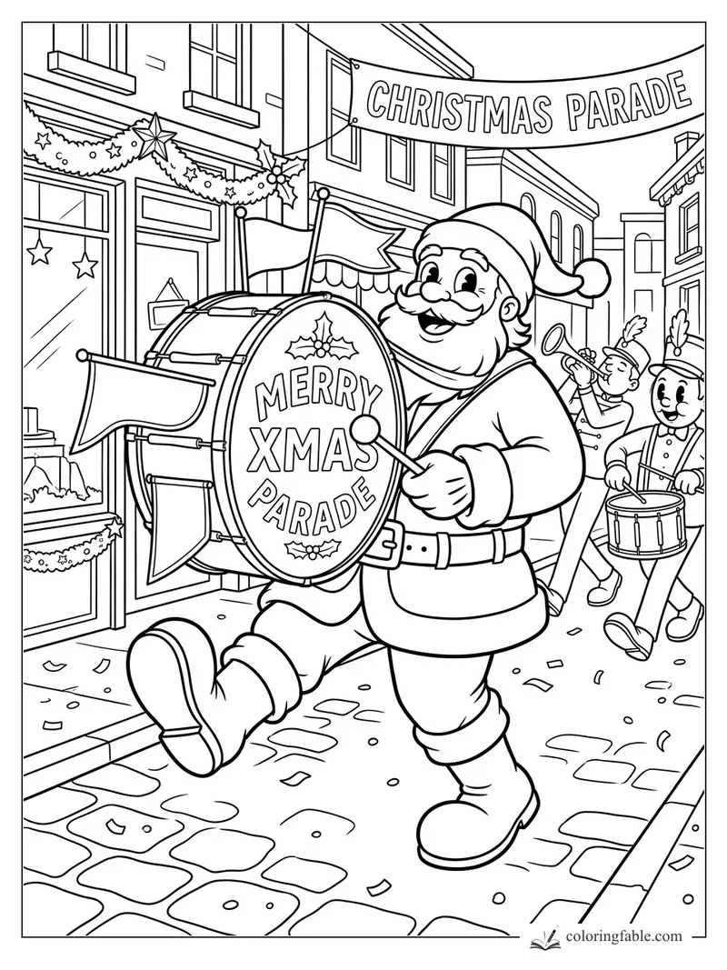 Vintage Santa marching with a Merry Xmas Parade bass drum under a Christmas Parade banner.