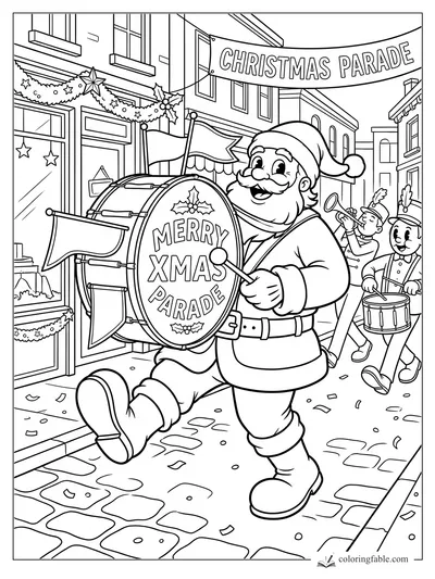 Vintage Santa marching with a Merry Xmas Parade bass drum under a Christmas Parade banner.