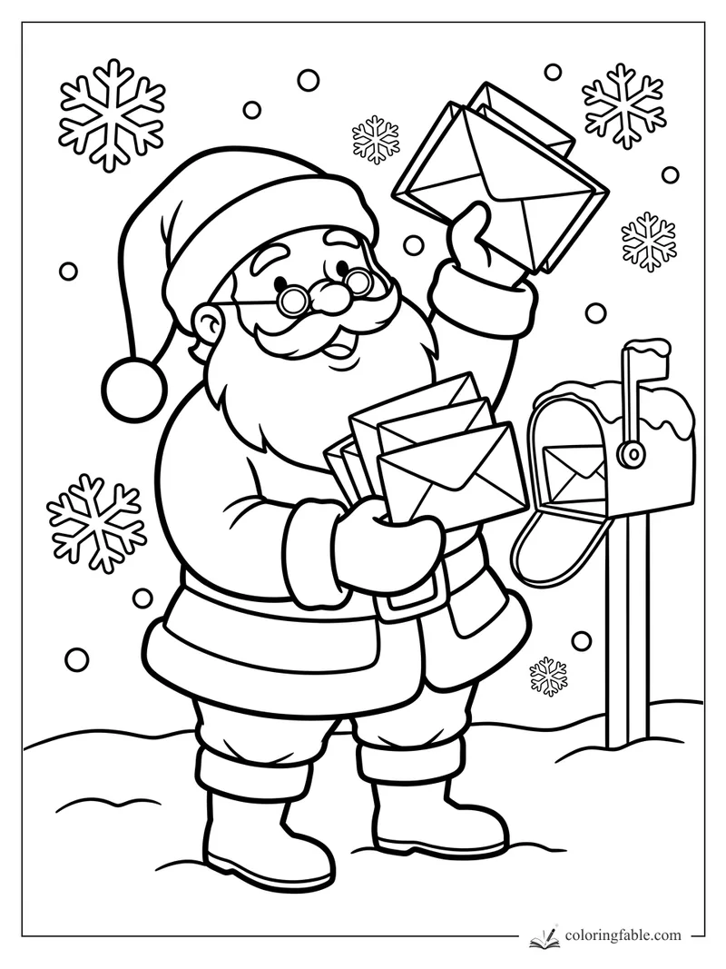 Santa holding envelopes beside a snowy mailbox with big snowflakes falling