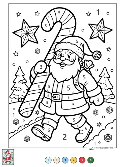 Santa Marching with a Giant Candy Cane — color by number