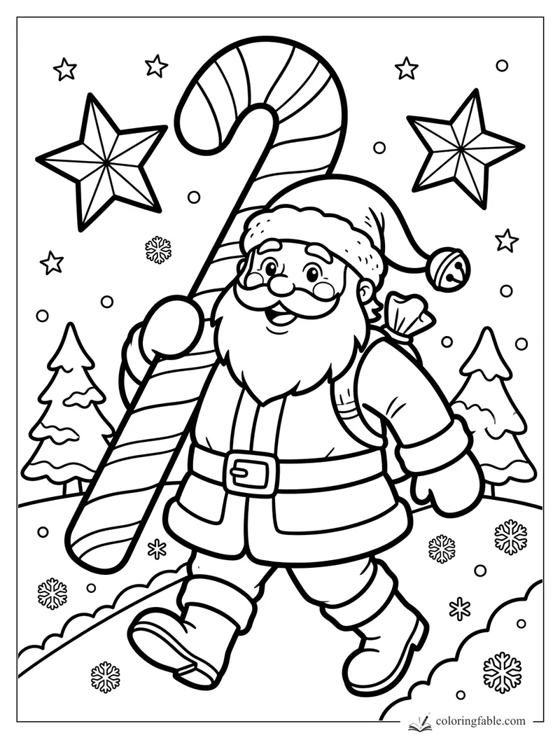 Easy Santa coloring page with giant striped candy cane, stars, snowy trees, and falling snowflakes.