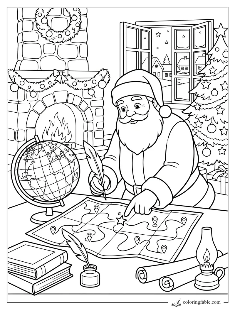 Santa studies a map beside a globe, fireplace, window, Christmas tree, books, scrolls, ink, and oil lamp.