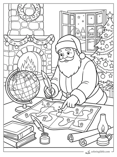 Santa studies a map beside a globe, fireplace, window, Christmas tree, books, scrolls, ink, and oil lamp.