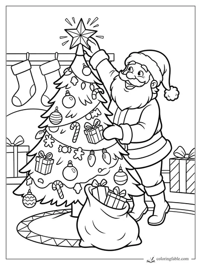 Santa placing a star on a decorated Christmas tree with stockings, gifts, and a toy sack.