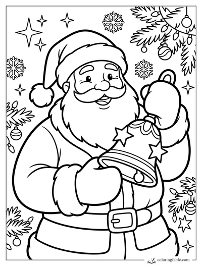 Smiling Santa holding a jingle bell with stars, snowflakes, ornaments, and fir branches around him.
