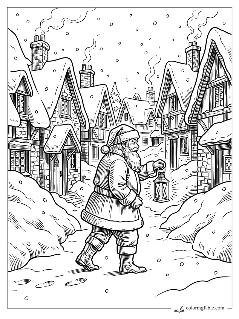 Engraving-style Santa holding a lantern on a snowy village street with steep roofs and smoking chimneys.
