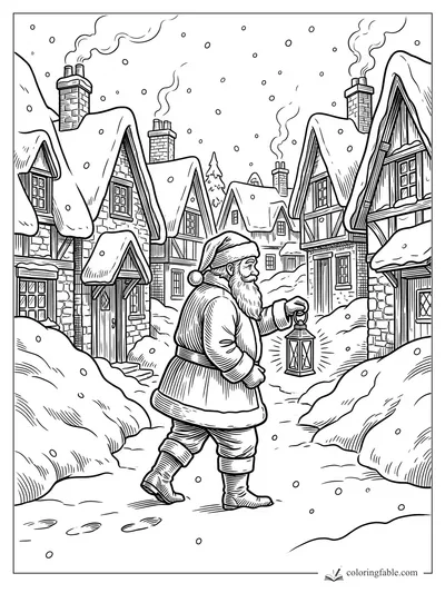 Engraving-style Santa holding a lantern on a snowy village street with steep roofs and smoking chimneys.