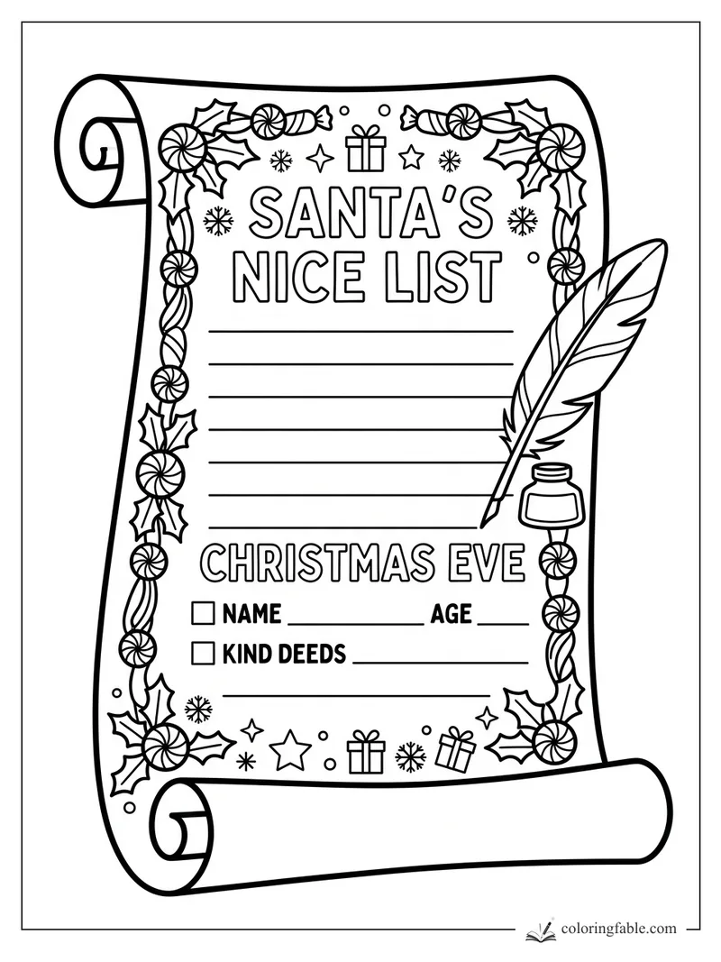 Santa’s Nice List scroll with holly, candy border, gift icons, quill pen, and ink bottle