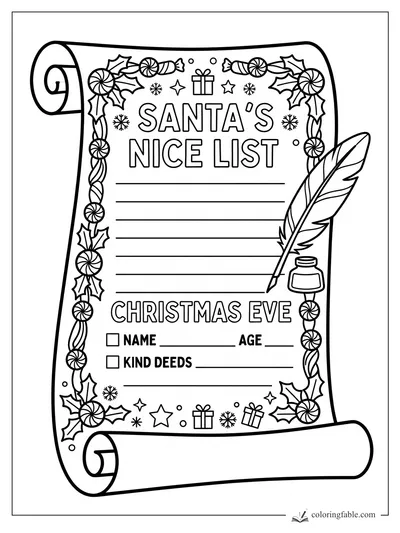 Santa’s Nice List scroll with holly, candy border, gift icons, quill pen, and ink bottle