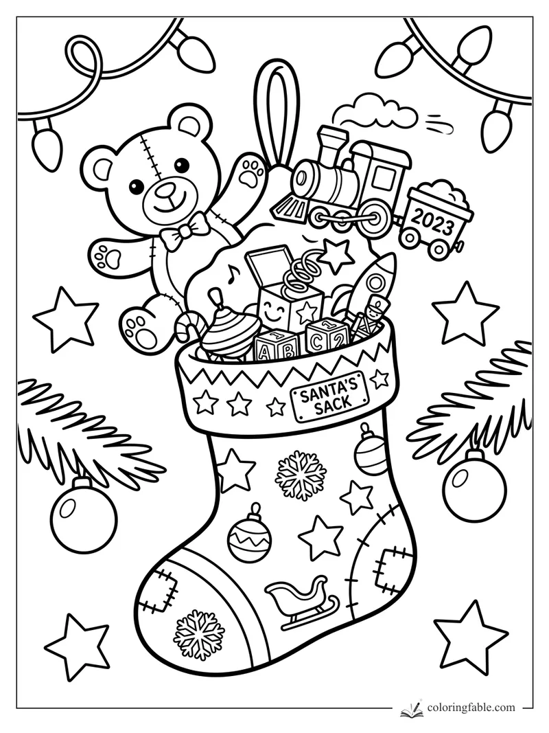 Cartoon Christmas stocking labeled Santa’s Sack with teddy bear, toy train, rocket, blocks, stars, and lights