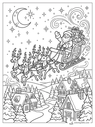 Santa waving from a gift-filled sleigh pulled by four reindeer over snowy houses, pines, stars, and a crescent moon.