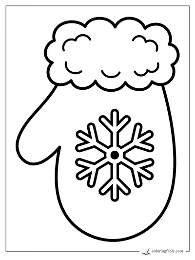 Bold Santa mitten coloring page with fluffy cuff and large snowflake on the palm