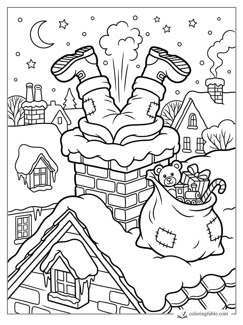 Cartoon Santa stuck upside down in a snowy chimney, with toy sack, rooftops, moon and stars.
