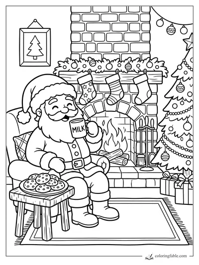 Cartoon Santa holding a milk mug beside cookies, stockings, fireplace, and Christmas tree.