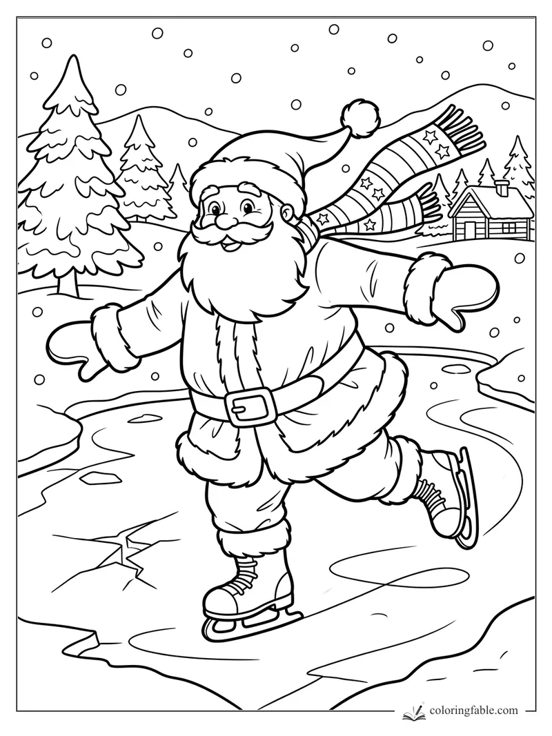Cartoon Santa ice skating on a snowy creek with pine trees, cabin, scarf, and falling snow.