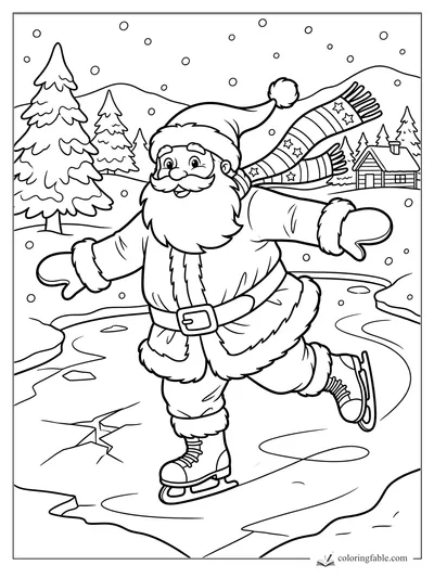 Cartoon Santa ice skating on a snowy creek with pine trees, cabin, scarf, and falling snow.
