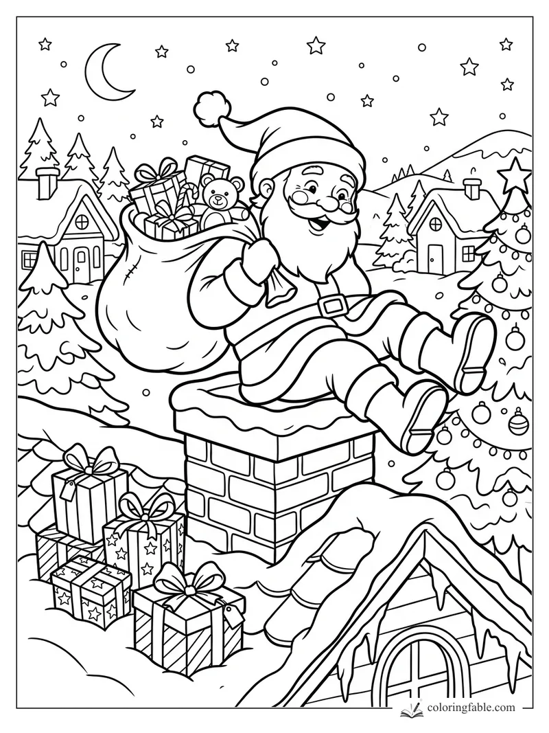 Cartoon Santa sitting on a chimney with gift sack, snowy houses, Christmas trees, moon and stars