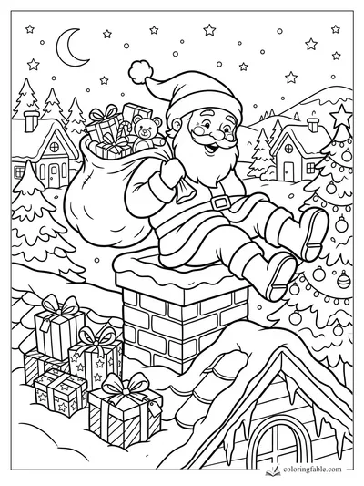 Cartoon Santa sitting on a chimney with gift sack, snowy houses, Christmas trees, moon and stars