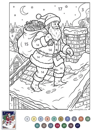 Santa Steps Across a Snowy Rooftop — color by number