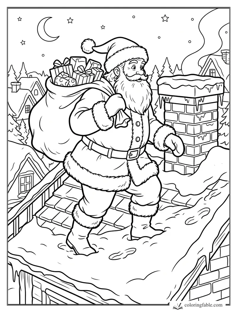 Santa carrying a toy-filled sack beside an icy chimney on a snowy rooftop under stars