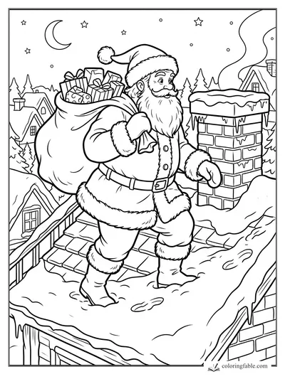 Santa carrying a toy-filled sack beside an icy chimney on a snowy rooftop under stars