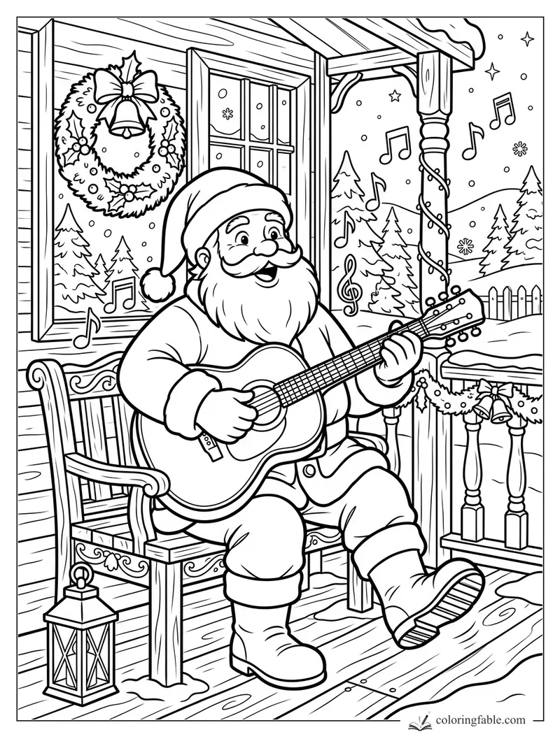 Cartoon Santa playing guitar on a decorated porch with wreaths, music notes, snow, and pine trees.