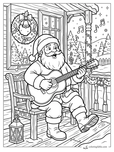 Cartoon Santa playing guitar on a decorated porch with wreaths, music notes, snow, and pine trees.