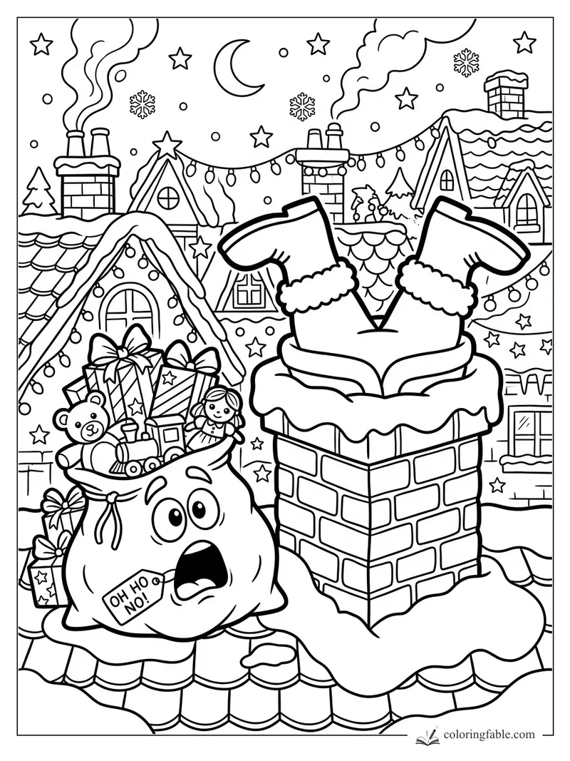Cartoon Santa stuck upside down in a chimney beside a worried toy-filled gift sack on snowy Christmas rooftops
