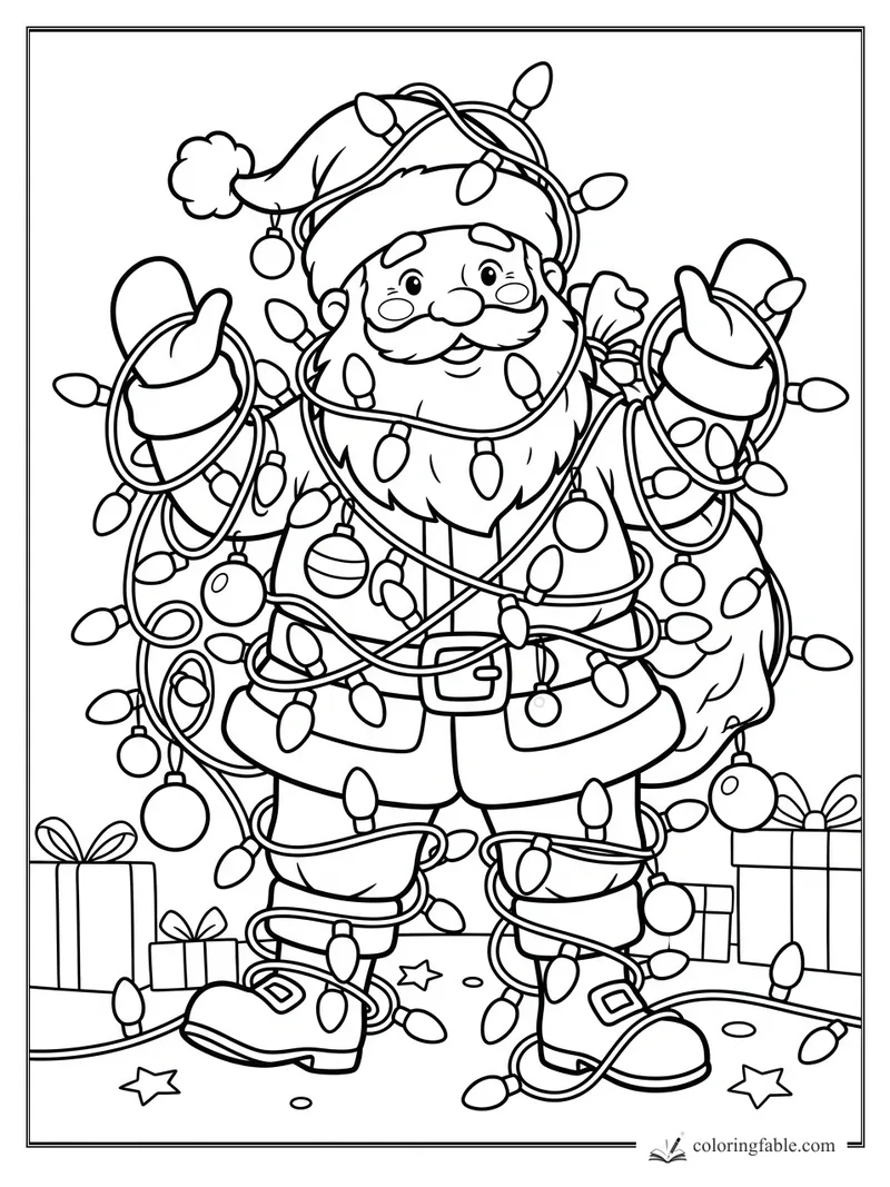 Cartoon Santa smiling with arms raised, tangled in Christmas lights beside wrapped gifts and ornaments.