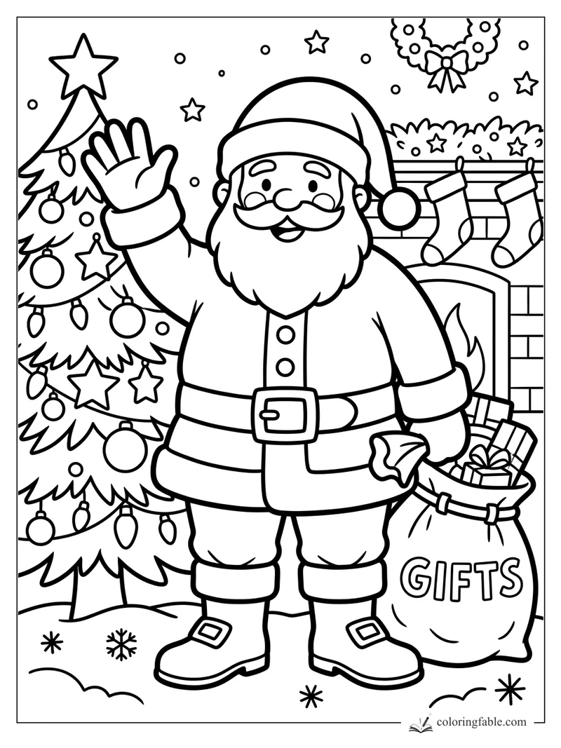 Easy Santa coloring page with waving Santa, Christmas tree, stockings, fireplace, wreath, and gift sack.