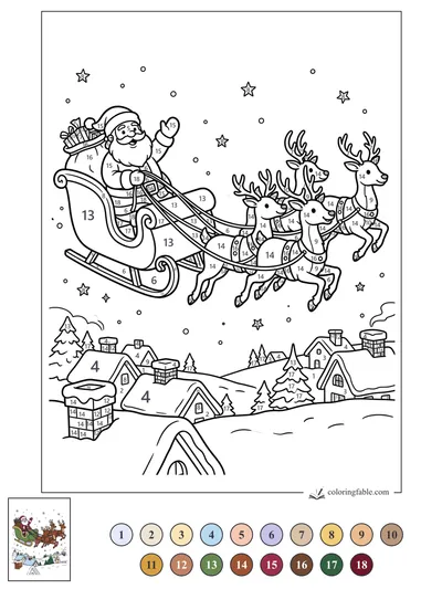 Santa Waving from His Sleigh Over a Snowy Village — color by number