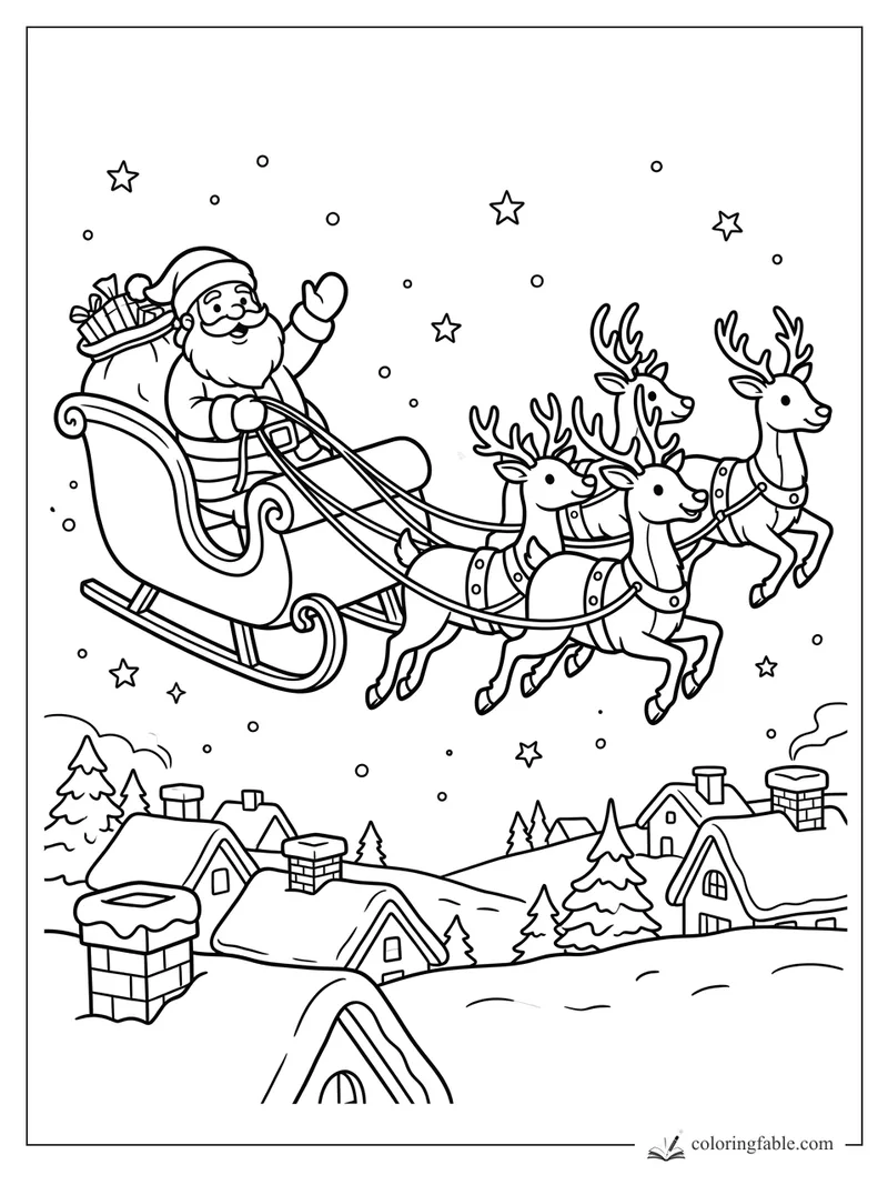 Cartoon Santa waves from a sleigh pulled by four reindeer above snowy rooftops and stars.