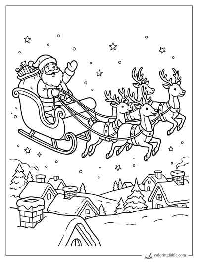 Cartoon Santa waves from a sleigh pulled by four reindeer above snowy rooftops and stars.